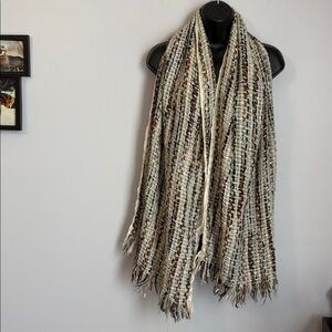 LOFT Boho Distressed Knit Woven Large Scarf Brown Cream Gold Orange